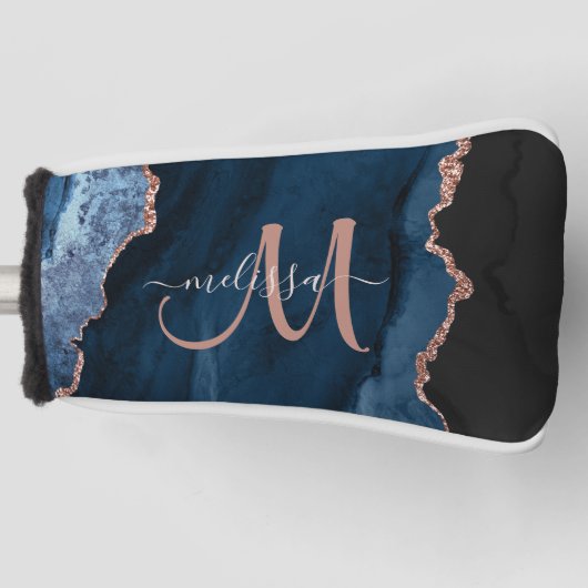 Chic Blue Roos Gold Agate Glitter Custom Monogram Golfheadcover (Voorkant)