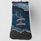 Chic Blue Roos Gold Agate Glitter Custom Monogram Golfheadcover (Draai 90)