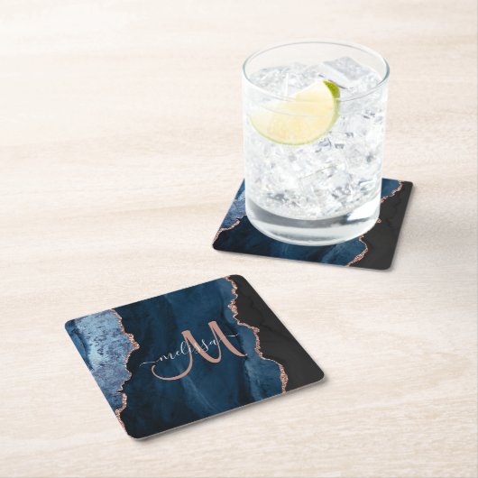Chic Blue Roos Gold Agate Script Monogram aangepas Kartonnen Onderzetters (Insitu)