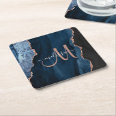 Chic Blue Roos Gold Agate Script Monogram aangepas Kartonnen Onderzetters (Schuin)