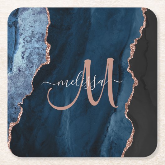 Chic Blue Roos Gold Agate Script Monogram aangepas Kartonnen Onderzetters (Voorkant)