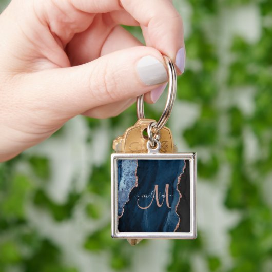 Chic Blue Roos Gold Agate Script Monogram aangepas Sleutelhanger (Hand)