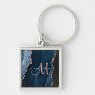 Chic Blue Roos Gold Agate Script Monogram aangepas Sleutelhanger