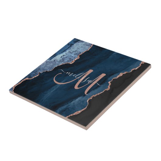 Chic Blue Roos Gold Agate Script Monogram aangepas Tegeltje (Zijkant)