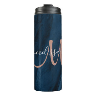 Chic Blue Roos Gold Agate Script Monogram aangepas Thermosbeker