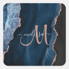 Chic Blue Roos Gold Agate Script Monogram aangepas Vierkante Sticker