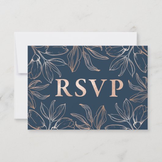 Chic Blue & Roos Gold Foliage RSVP QR code Trouwen (Voorkant)