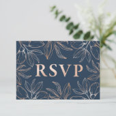 Chic Blue & Roos Gold Foliage RSVP QR code Trouwen (Staand voorkant)