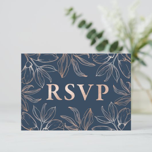 Chic Blue & Roos Gold Foliage RSVP QR code Trouwen (Staand voorkant)