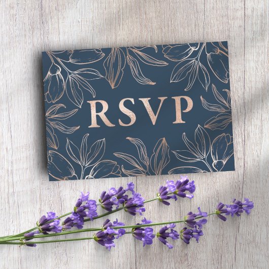 Chic Blue & Roos Gold Foliage RSVP QR code Trouwen Kaartje