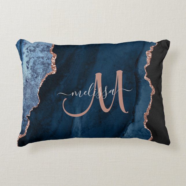 Chic Blue Roos Gold Glitter Agate Custom Monogram Accent Kussen (Voorkant)