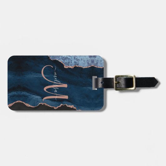 Chic Blue Roos Gold Glitter Agate Custom Monogram Bagagelabel (Voorkant horizontaal)