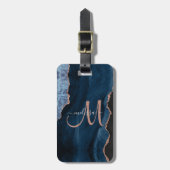 Chic Blue Roos Gold Glitter Agate Custom Monogram Bagagelabel (Voorkant verticaal)
