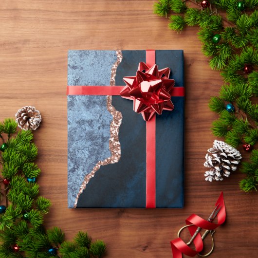 Chic Blue Roos Gold Glitter Agate Custom Monogram Cadeaupapier (Feestdagen Geschenken)