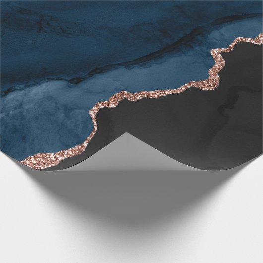 Chic Blue Roos Gold Glitter Agate Custom Monogram Cadeaupapier (Hoek)