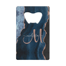 Chic Blue Roos Gold Glitter Agate Custom Monogram Creditkaart Flessenopener