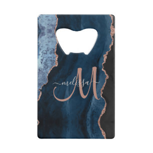 Chic Blue Roos Gold Glitter Agate Custom Monogram Creditkaart Flessenopener