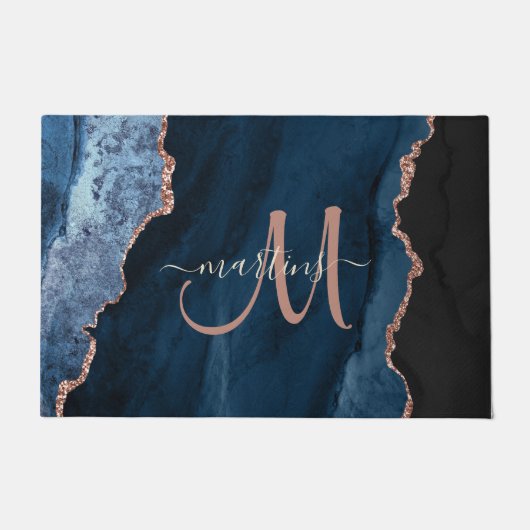 Chic Blue Roos Gold Glitter Agate Custom Monogram Deurmat (Voorkant)