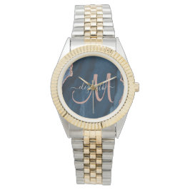 Chic Blue Roos Gold Glitter Agate Custom Monogram Horloge
