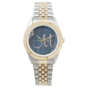 Chic Blue Roos Gold Glitter Agate Custom Monogram Horloge
