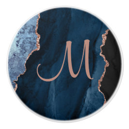 Chic Blue Roos Gold Glitter Agate Custom Monogram Keramische Knop