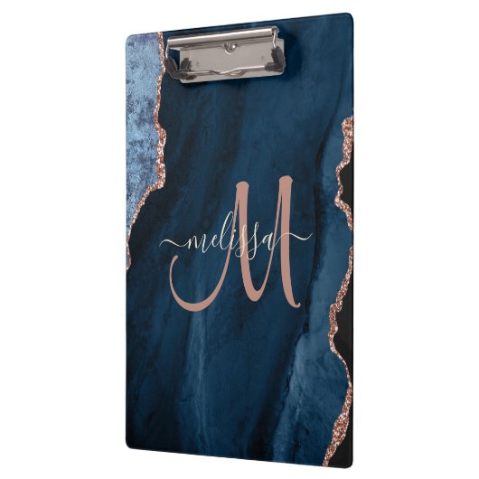 Chic Blue Roos Gold Glitter Agate Custom Monogram Klembord (Links)