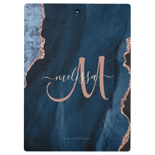 Chic Blue Roos Gold Glitter Agate Custom Monogram Klembord (Achterkant)