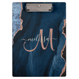 Chic Blue Roos Gold Glitter Agate Custom Monogram Klembord
