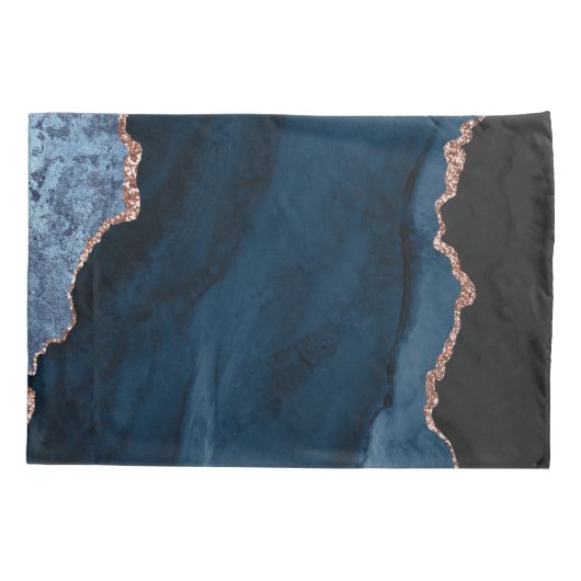 Chic Blue Roos Gold Glitter Agate Custom Monogram Kussensloop (Achterkant)