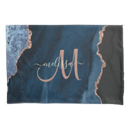 Chic Blue Roos Gold Glitter Agate Custom Monogram Kussensloop