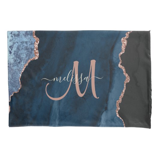 Chic Blue Roos Gold Glitter Agate Custom Monogram Kussensloop (Voorkant)