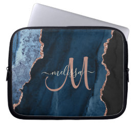 Chic Blue Roos Gold Glitter Agate Custom Monogram Laptop Sleeve