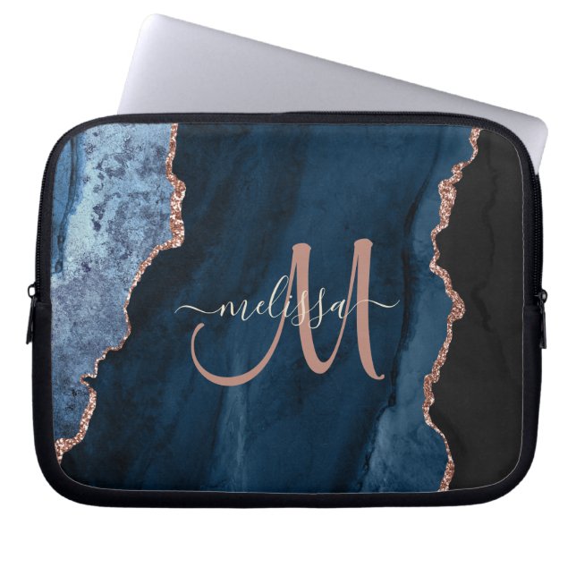 Chic Blue Roos Gold Glitter Agate Custom Monogram Laptop Sleeve (Voorkant)