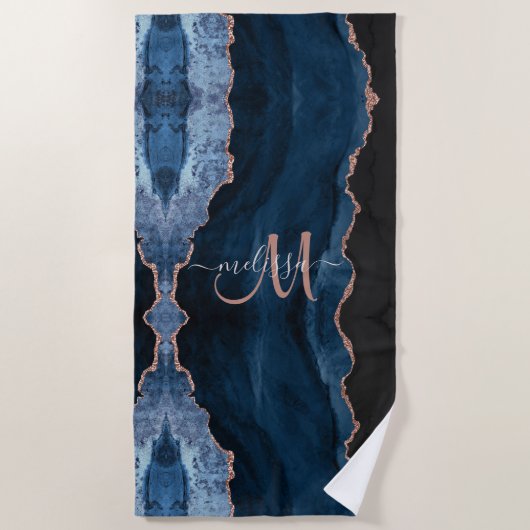 Chic Blue Roos Gold Glitter Agate Custom Monogram Strandlaken (Voorkant)