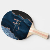 Chic Blue Roos Gold Glitter Agate Custom Monogram Tafeltennisbatje (Zijkant)
