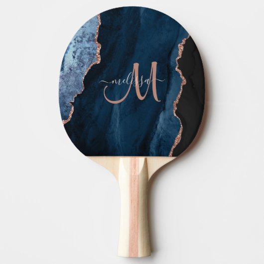 Chic Blue Roos Gold Glitter Agate Custom Monogram Tafeltennisbatje (Voorkant)
