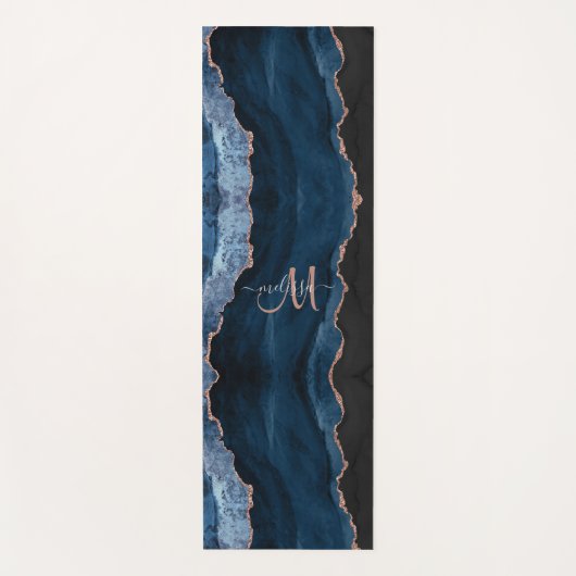 Chic Blue Roos Gold Glitter Agate Custom Monogram Yogamat (Voorkant)