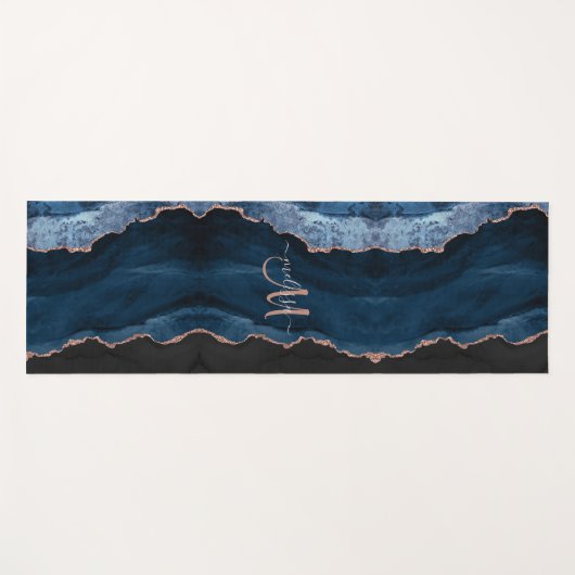 Chic Blue Roos Gold Glitter Agate Custom Monogram Yogamat (Voorkant (horizontaal))