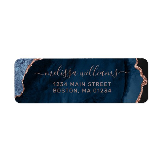 Chic Blue Roos Gold Glitter Agate Retrun Adres Etiket (Voorkant)