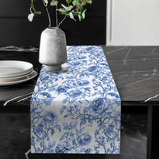 Chic Blue Roses Toile Floral Pattern Style Table  Lange Tafelloper