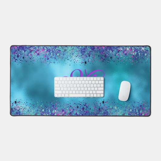 Chic Blue roze irdescent glitter monogram Bureaumat (Keyboard & Muis)