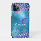 Chic Blue roze irdescent glitter monogram Case-Mate iPhone Case (Achterkant)