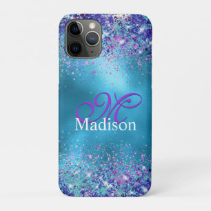 Chic Blue roze irdescent glitter monogram Case-Mate iPhone Case