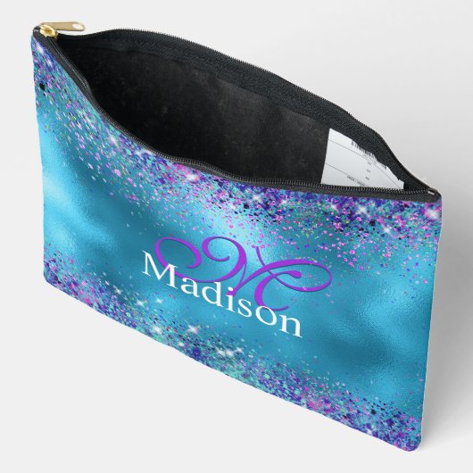 Chic Blue roze irdescent glitter monogram Etui (Open)