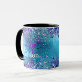 Chic Blue roze irdescent glitter monogram Mok (Voorkant links)