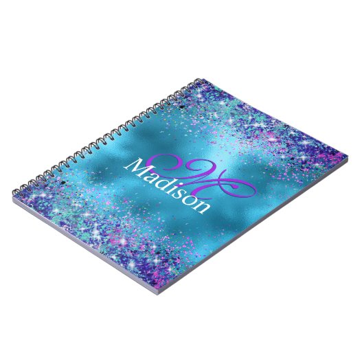 Chic Blue roze irdescent glitter monogram Notitieboek (Linkerzijde)