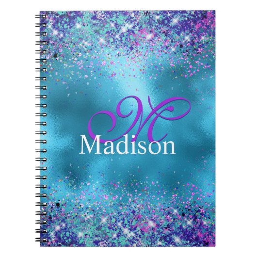 Chic Blue roze irdescent glitter monogram Notitieboek (Voorkant)