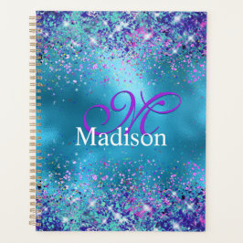 Chic Blue roze irdescent glitter monogram Planner