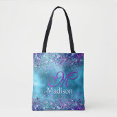 Chic Blue roze irdescent glitter monogram Tote Bag (Voorkant)
