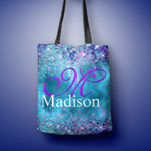 Chic Blue roze irdescent glitter monogram Tote Bag